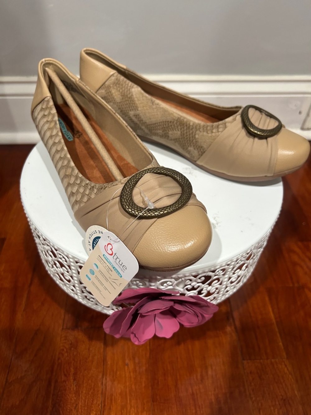 BareTraps Taupe Slip-On Ballet Flats with Decorative Bronze-Tone Buckle